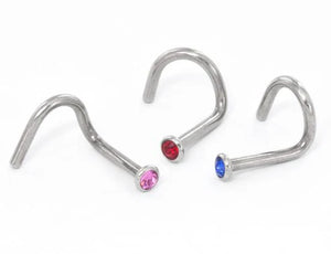 18 g flache Rückseite, Lünettenfassung, juwelenbesetzte Nasenschraube, rechts gebogen, farbiger Kristall, 1 mm/7 mm